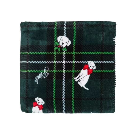 Victoria's Secret PINK Cozy Plush Logo Blanket Green Plaid Dog 50